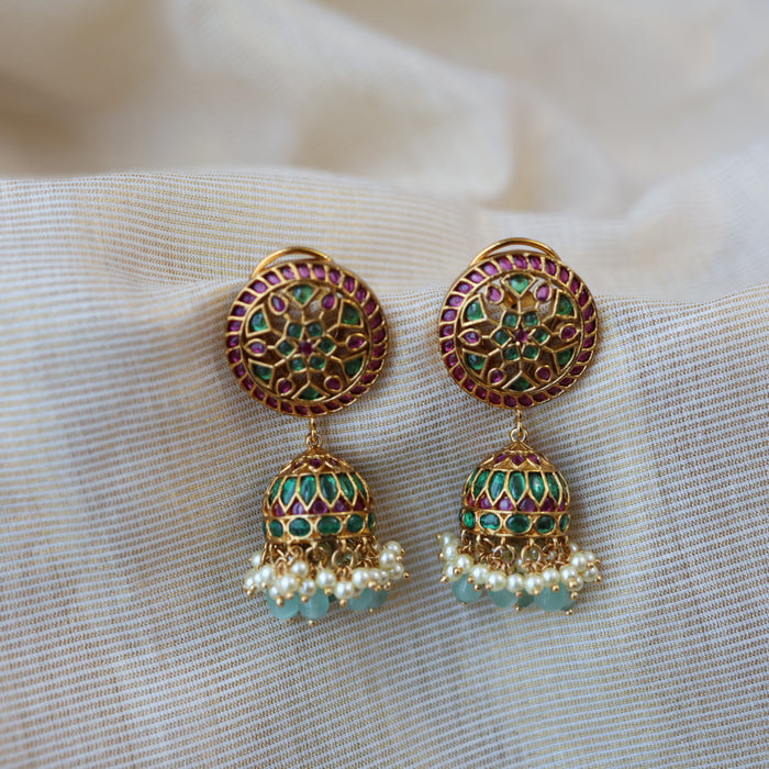 Antique ruby stone green bead jumka earrings AJJ6122