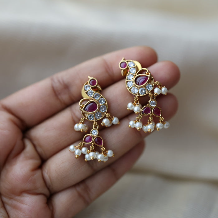 Antique gold plated ruby white stone drop earrings AD132
