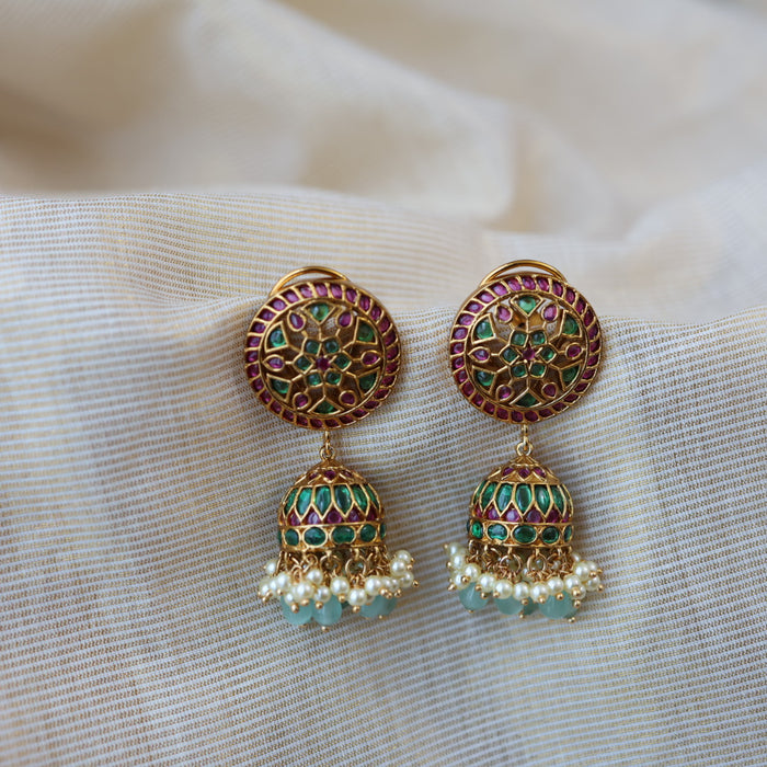 Antique ruby stone green bead jumka earrings AJJ6122