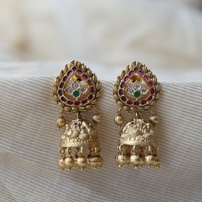 Antique gold ruby white stone jumka earrings AJ68893