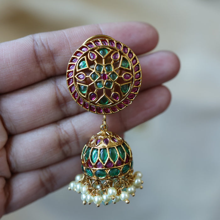 Antique ruby stone green bead jumka earrings AJJ6122