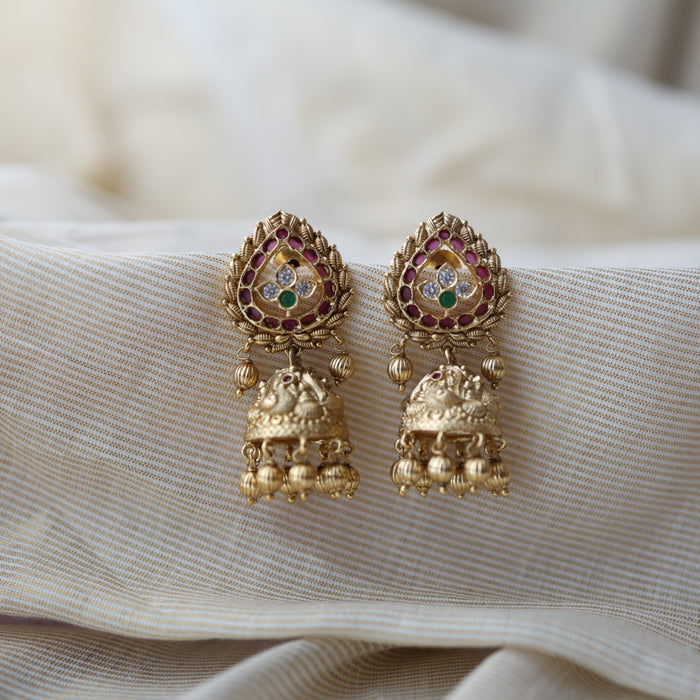 Antique gold ruby white stone jumka earrings AJ68893
