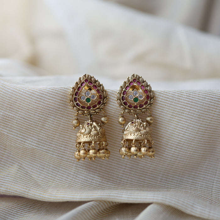 Antique gold ruby white stone jumka earrings AJ68893