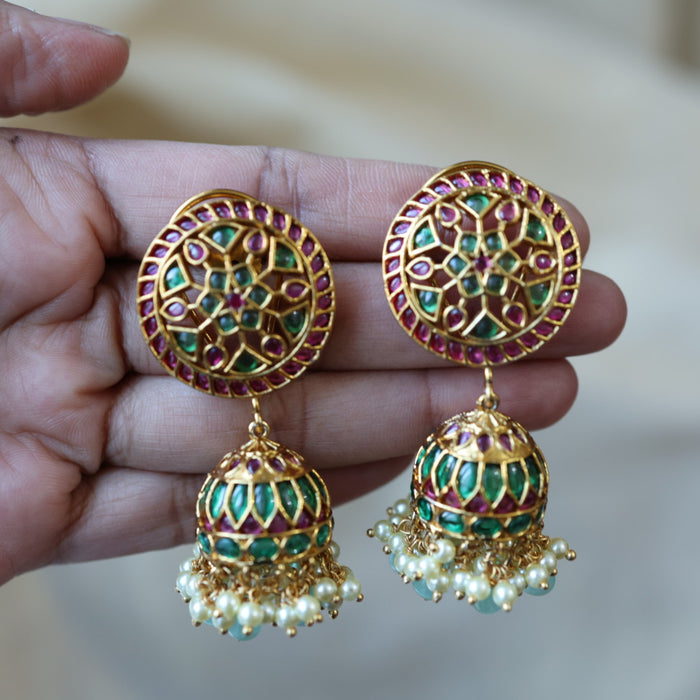 Antique ruby stone green bead jumka earrings AJJ6122