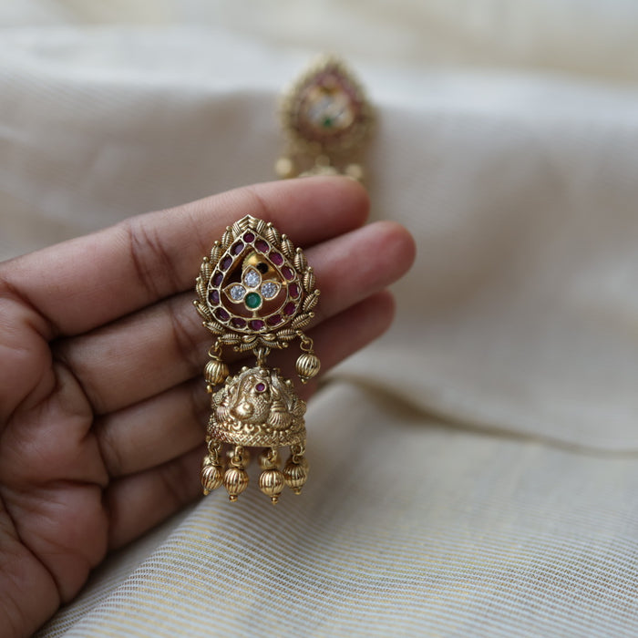 Antique gold ruby white stone jumka earrings AJ68893