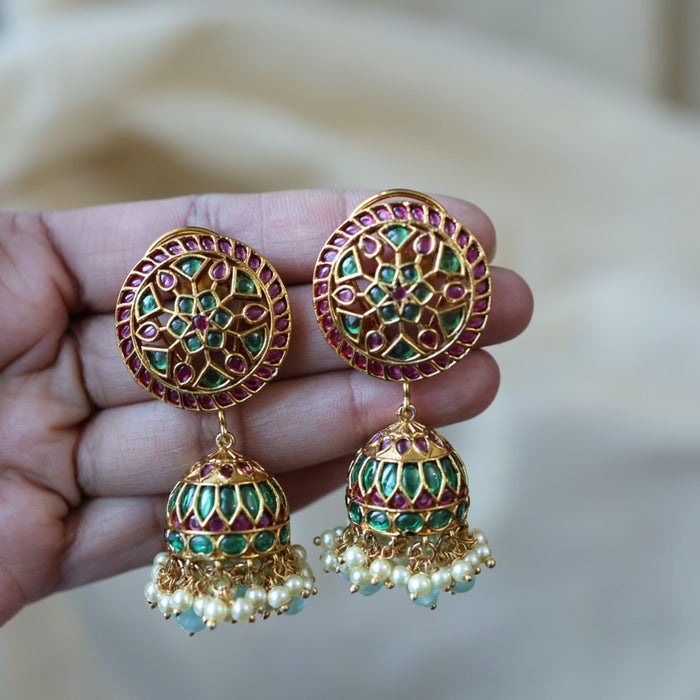 Antique ruby stone green bead jumka earrings AJJ6122