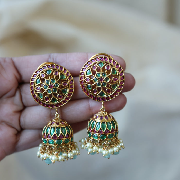 Antique ruby stone green bead jumka earrings AJJ6122