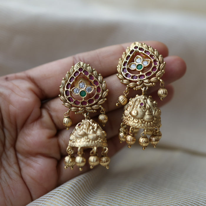 Antique gold ruby white stone jumka earrings AJ68893