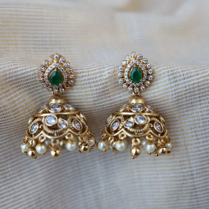 Antique gold multi stone jumka and pearl earrings AJJ434