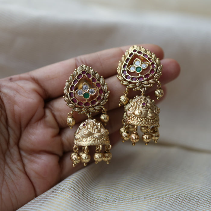Antique gold ruby white stone jumka earrings AJ68893