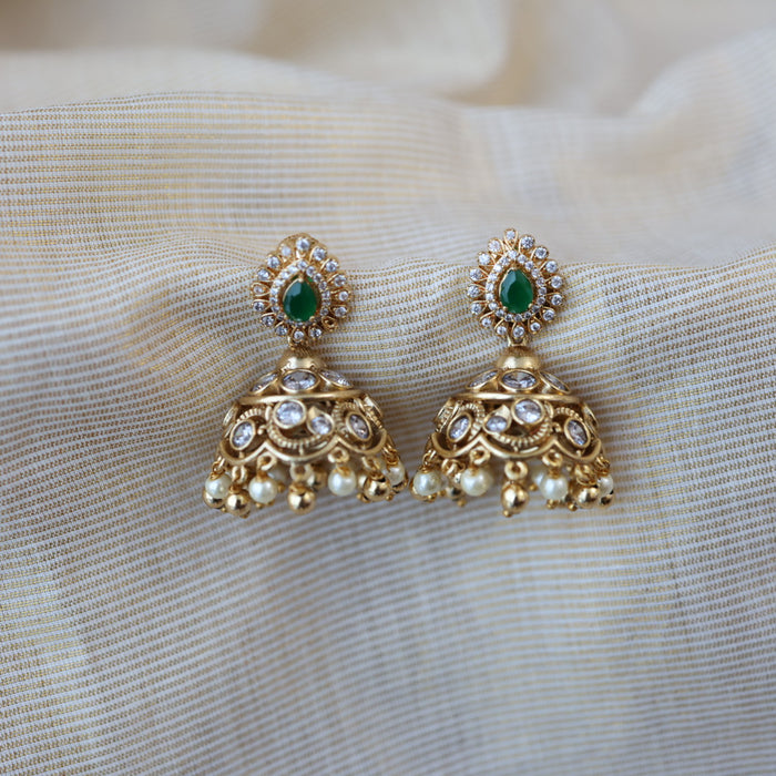 Antique gold multi stone jumka and pearl earrings AJJ434