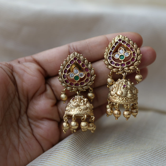 Antique gold ruby white stone jumka earrings AJ68893
