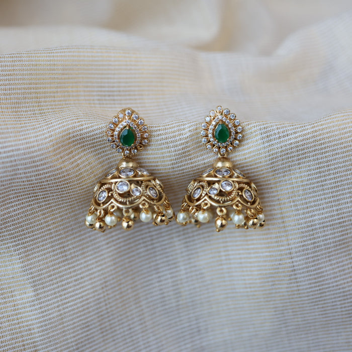 Antique gold multi stone jumka and pearl earrings AJJ434