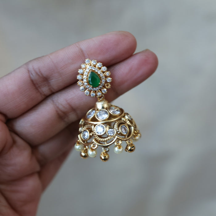 Antique gold multi stone jumka and pearl earrings AJJ434