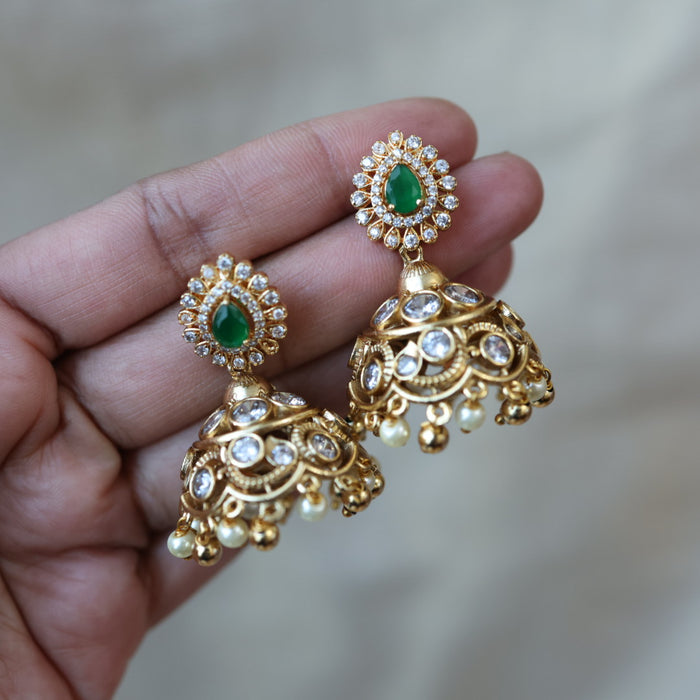 Antique gold multi stone jumka and pearl earrings AJJ434