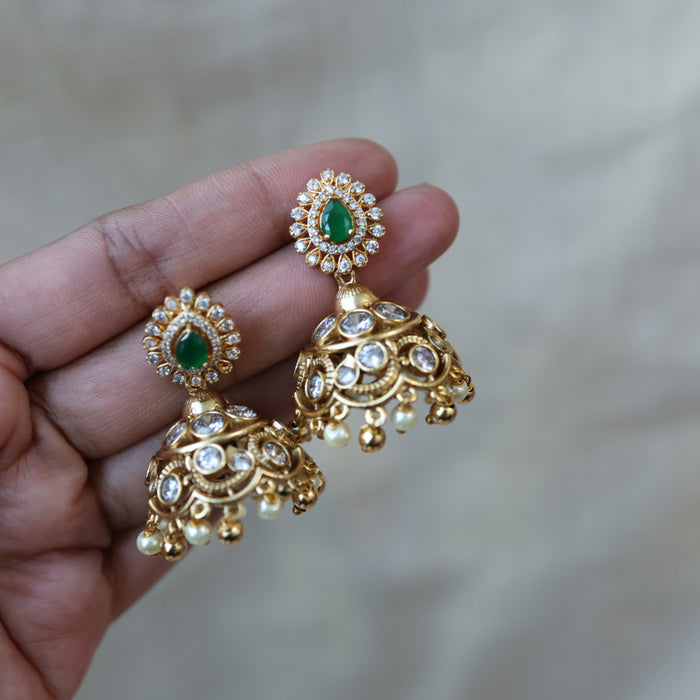 Antique gold multi stone jumka and pearl earrings AJJ434