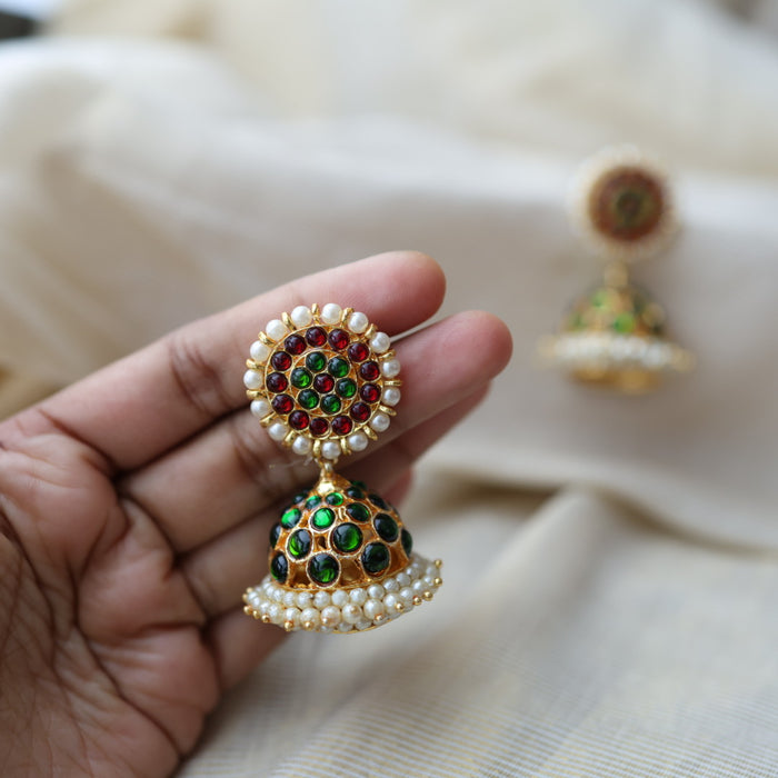 Antique gold ruby green stone jumka earrings AJ614