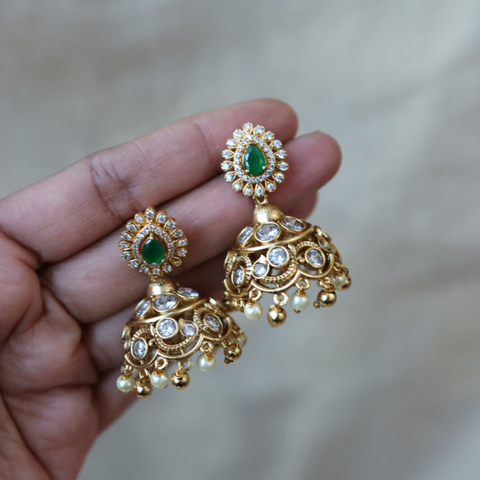 Antique gold multi stone jumka and pearl earrings AJJ434