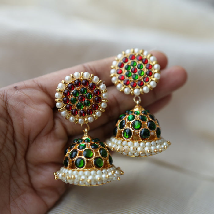 Antique gold ruby green stone jumka earrings AJ614