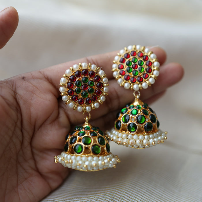Antique gold ruby green stone jumka earrings AJ614