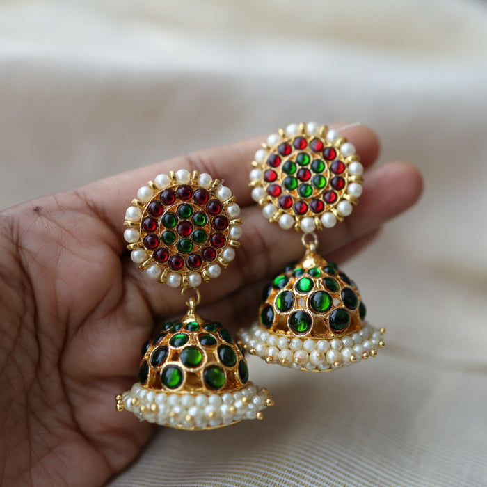 Antique gold ruby green stone jumka earrings AJ614