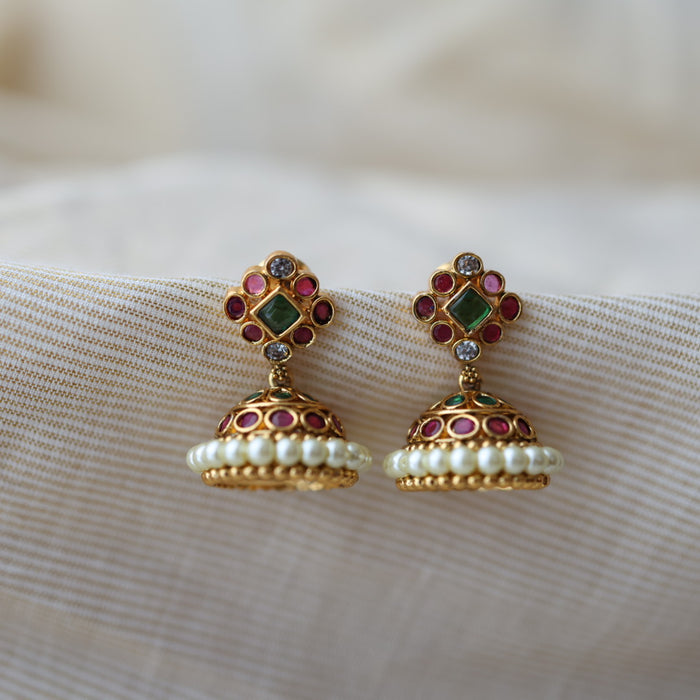 Antique gold ruby white stone jumka earrings AJ2565