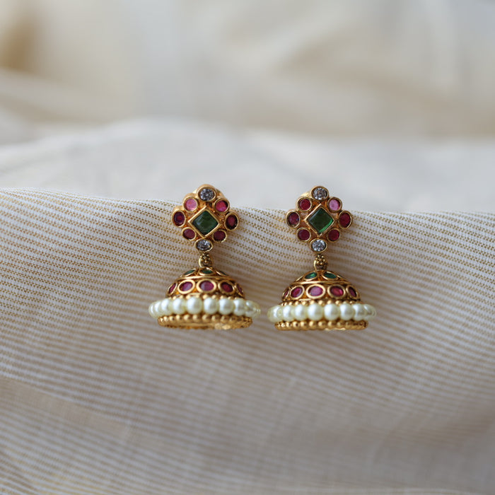 Antique gold ruby white stone jumka earrings AJ2565