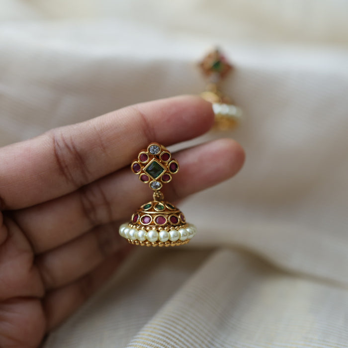 Antique gold ruby white stone jumka earrings AJ2565