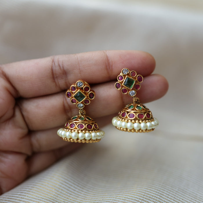 Antique gold ruby white stone jumka earrings AJ2565