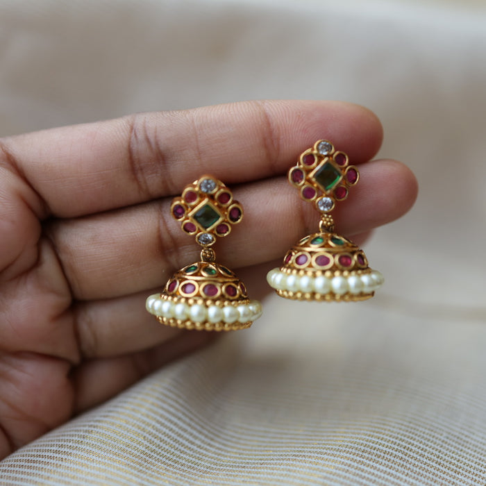 Antique gold ruby white stone jumka earrings AJ2565