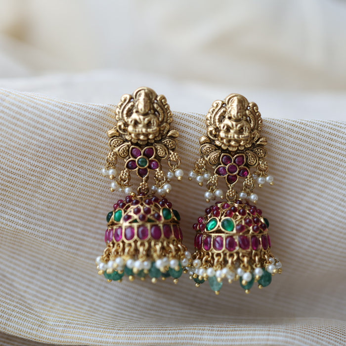 Antique gold ruby white stone green beads jumka earrings AJ3345