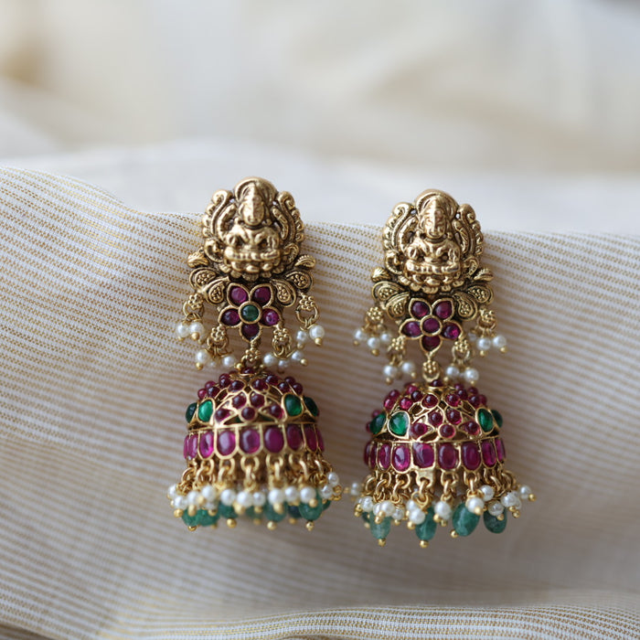 Antique gold ruby white stone green beads jumka earrings AJ3345