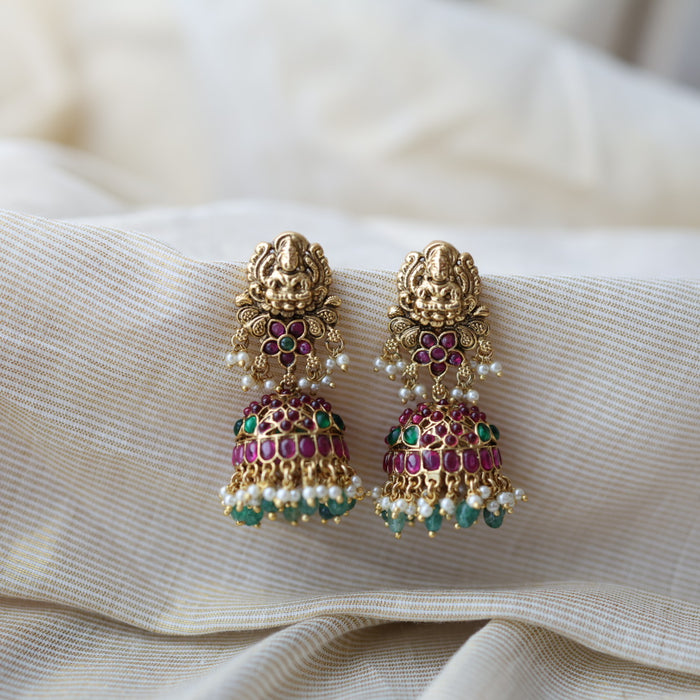Antique gold ruby white stone green beads jumka earrings AJ3345