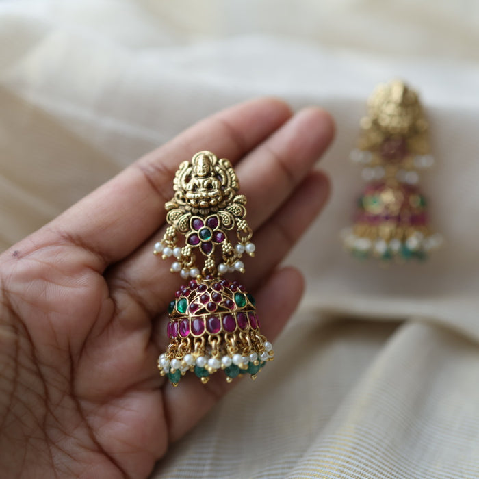 Antique gold ruby white stone green beads jumka earrings AJ3345