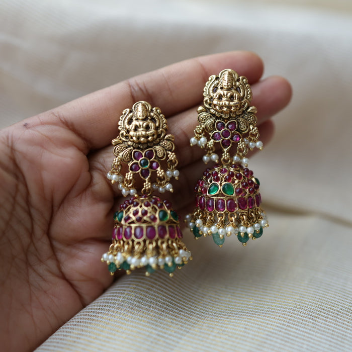 Antique gold ruby white stone green beads jumka earrings AJ3345