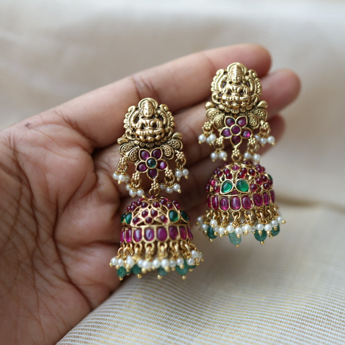 Antique gold ruby white stone green beads jumka earrings AJ3345