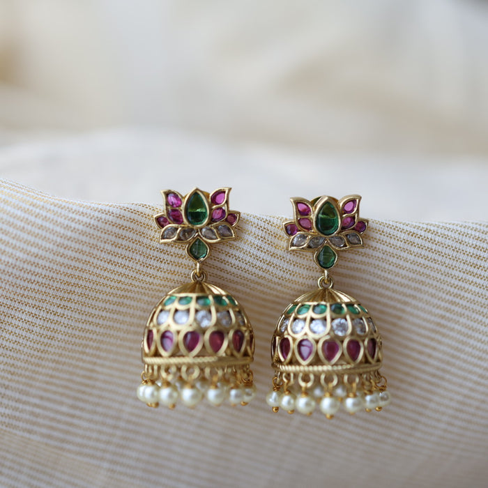Antique gold ruby white stone jumka earrings AJ355