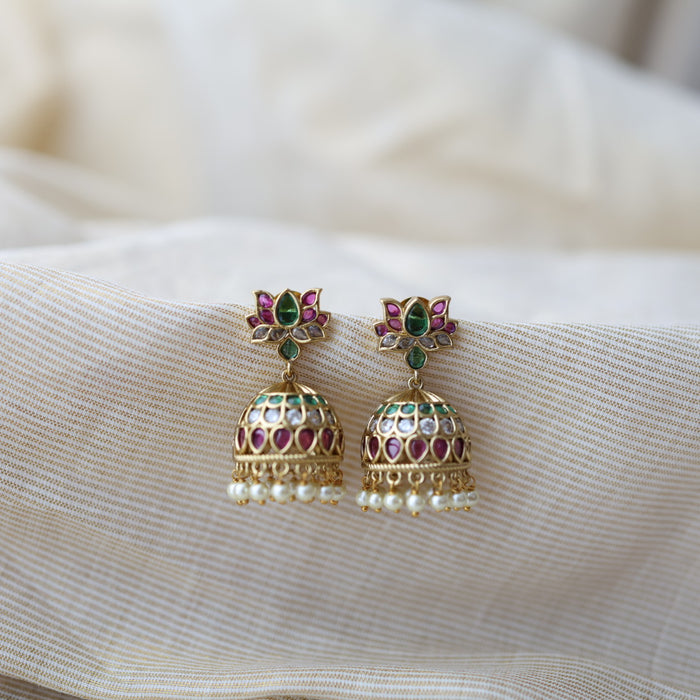 Antique gold ruby white stone jumka earrings AJ355