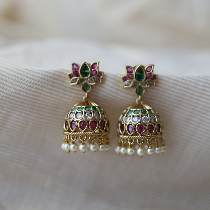 Antique gold ruby white stone jumka earrings AJ355