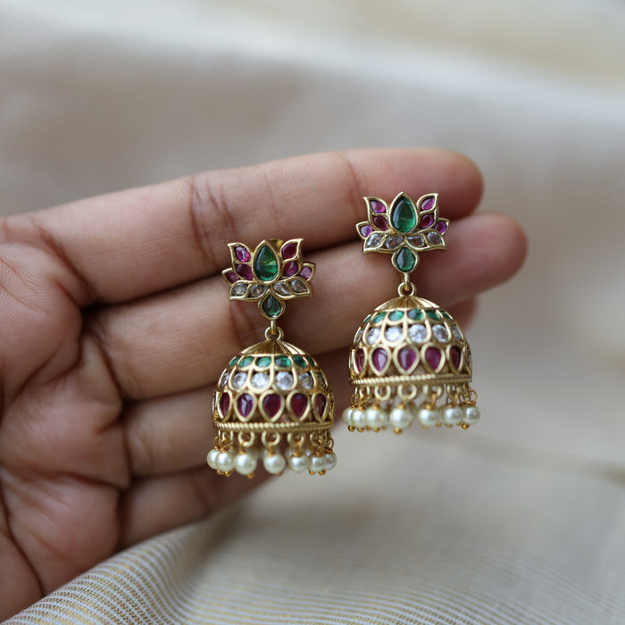 Antique gold ruby white stone jumka earrings AJ355