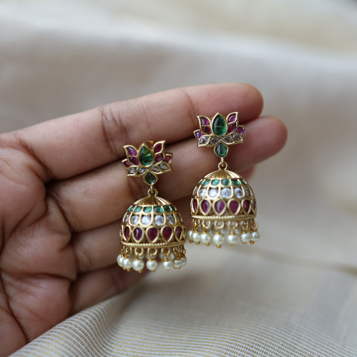Antique gold ruby white stone jumka earrings AJ355