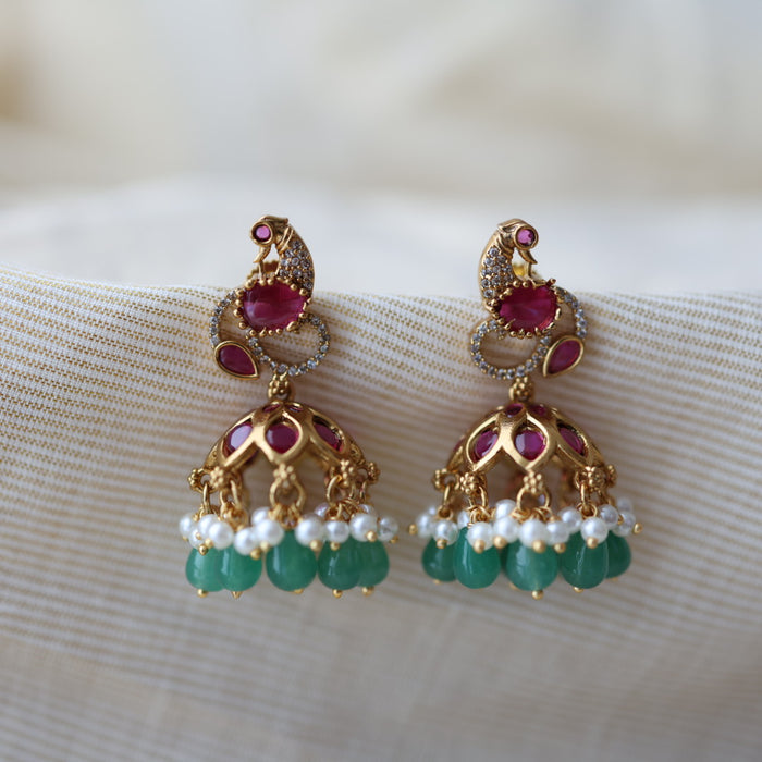 Antique gold ruby stone green bead jumka earrings AJ2335