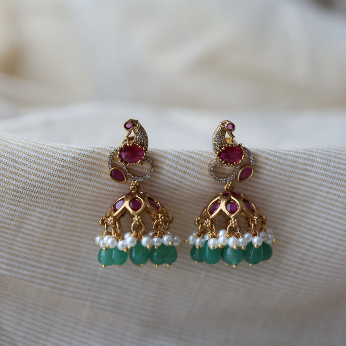 Antique gold ruby stone green bead jumka earrings AJ2335