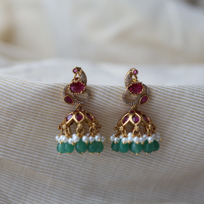 Antique gold ruby stone green bead jumka earrings AJ2335