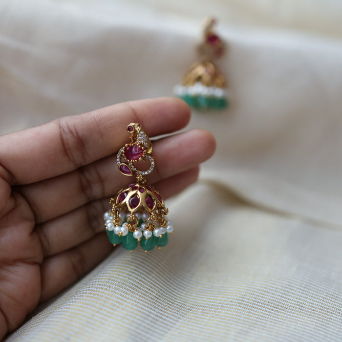 Antique gold ruby stone green bead jumka earrings AJ2335