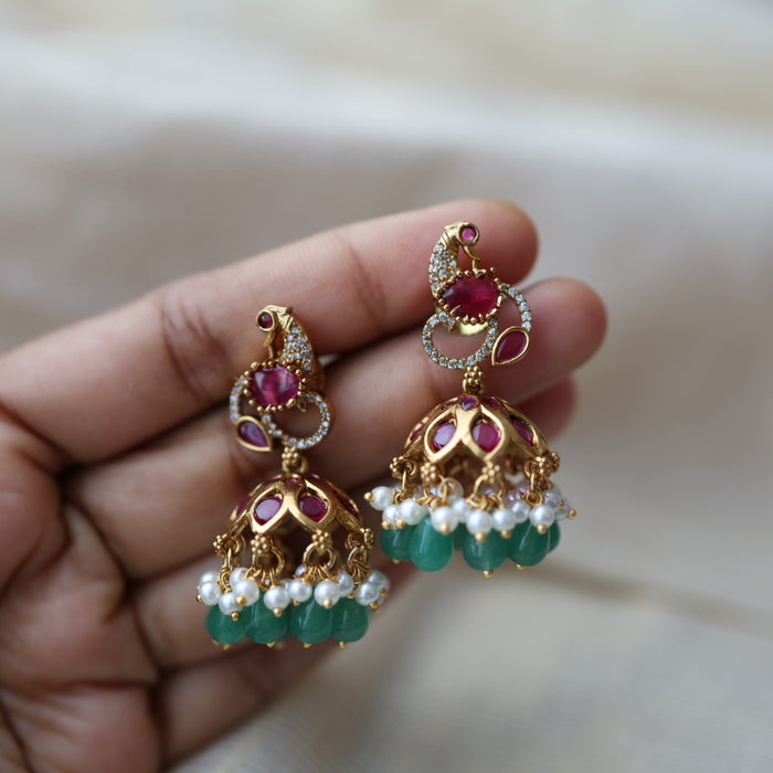 Antique gold ruby stone green bead jumka earrings AJ2335