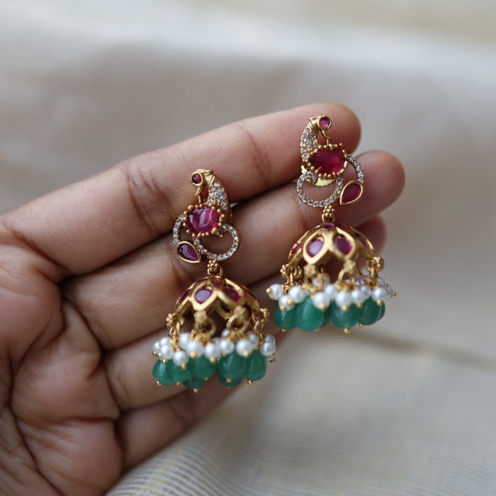 Antique gold ruby stone green bead jumka earrings AJ2335