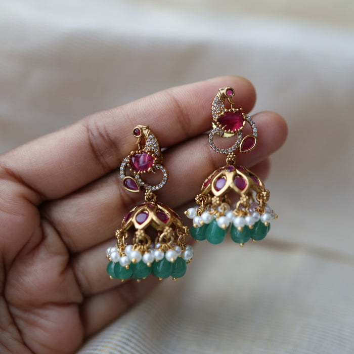 Antique gold ruby stone green bead jumka earrings AJ2335