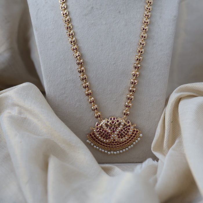 Heritage gold plated ruby pearl padakam long necklace HP0122