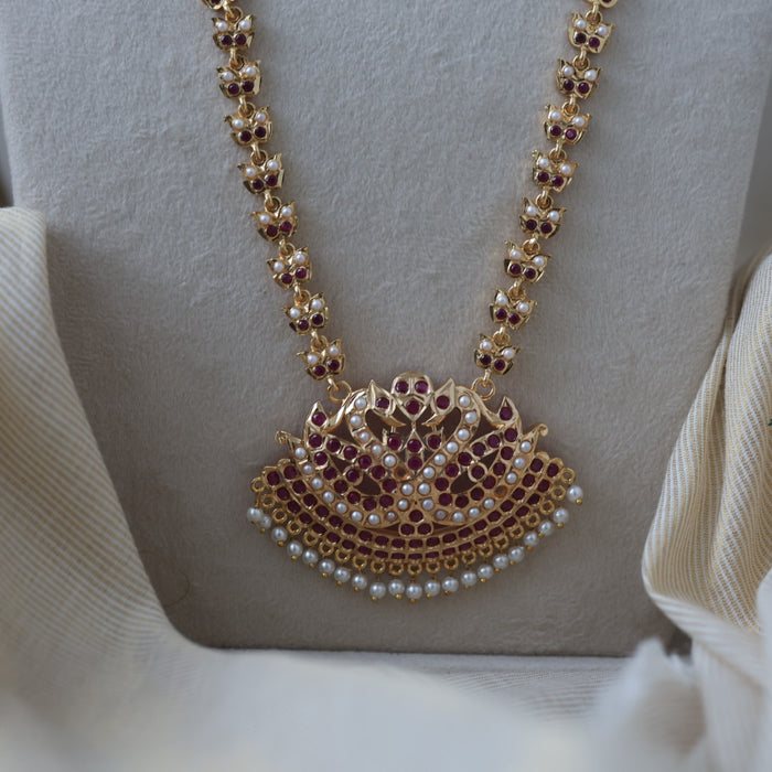 Heritage gold plated ruby pearl padakam long necklace HP0122